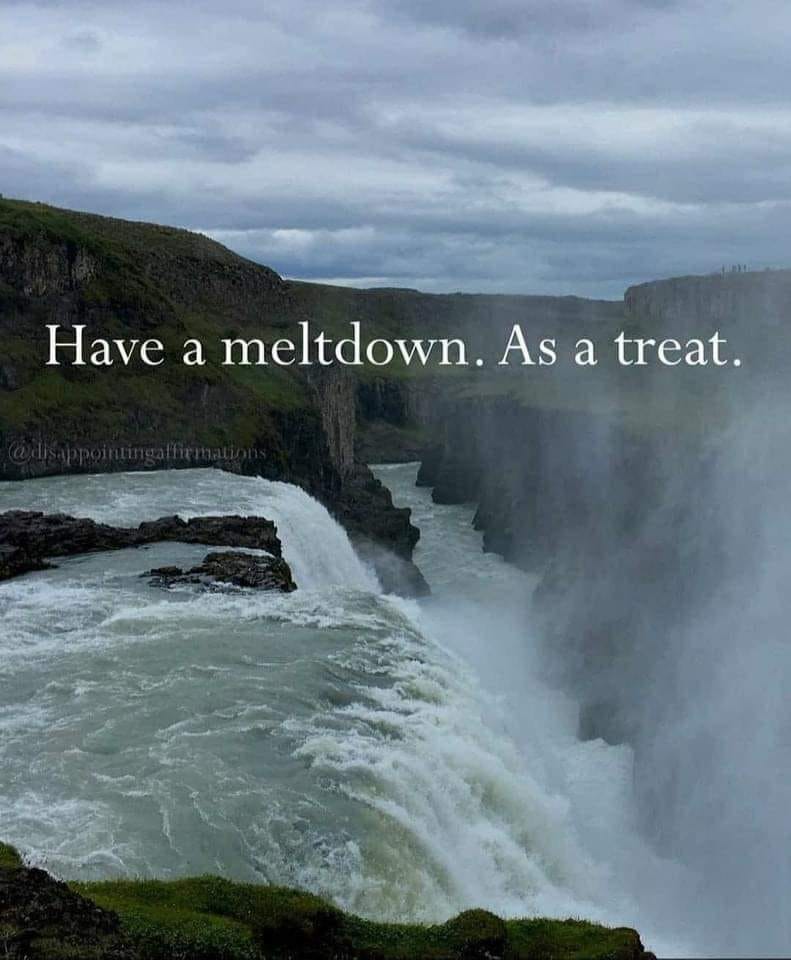 The meme is a humorous take on the phrase "have a meltdown" in a situation where someone is being asked to have a meltdown as a treat, implying that having a meltdown is a desirable or enjoyable experience. The text "Have a meltdown. As a treat." is presented in a calm and serene landscape, contrasting with the idea of a meltdown being a chaotic and intense experience. The meme pokes fun at the idea of treating oneself to a meltdown, implying that it's a fun and exciting experience.